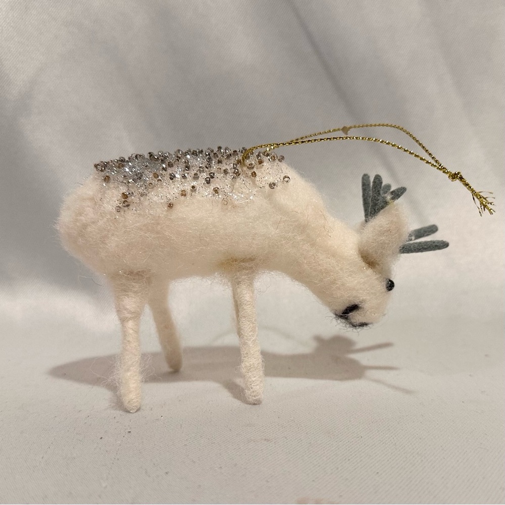 Plush Ivory Fabric Reindeer Christmas Ornament 3” H x 4.5”W